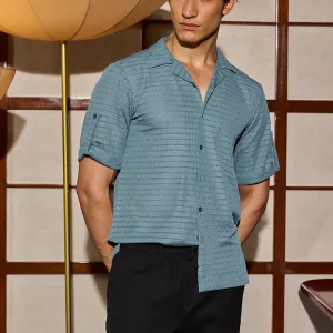 Blue Self-Design Cuban Shirt